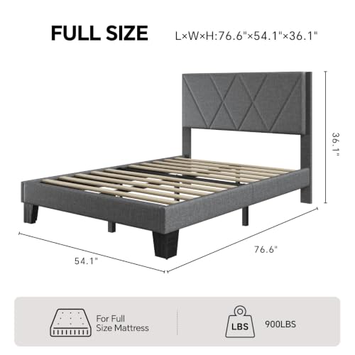 Full Platform Bed Frame with Upholstered Headboard, Gray