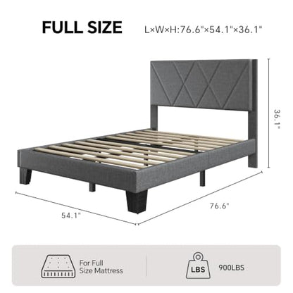Full Platform Bed Frame with Upholstered Headboard, Gray