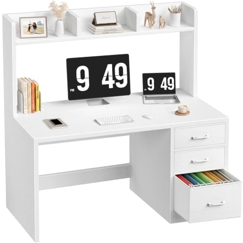 Wood Desk with Hutch and 3 Drawers， White