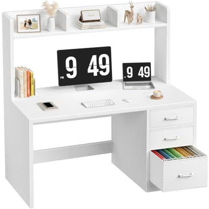 Wood Desk with Hutch and 3 Drawers， White
