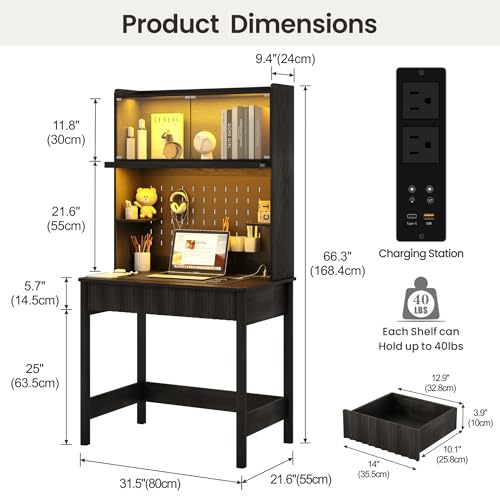 31.5" LED Study Desk with Hutch,Outlets,Reading Lights