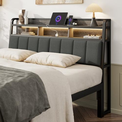 Queen Headboard Only with Storage, Charging Station, Black & Grey
