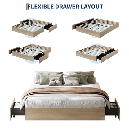 King Bed Frame with 2 Storage Drawers,Wooden Floor Bed Frame