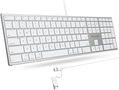 TECKNET Wired Keyboard for Mac, USB & Type-C Dual Interface, Silent Click