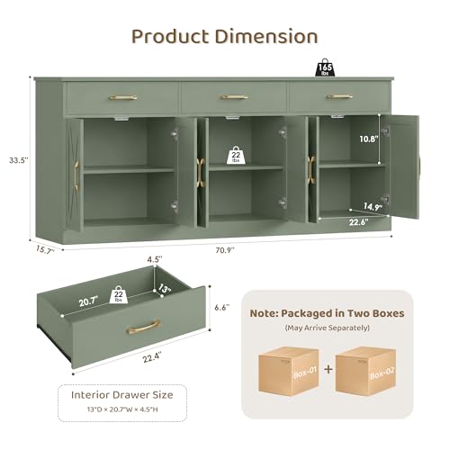 71"W Farmhouse Kitchen Sideboard Buffet Cabinet with Storage, Green