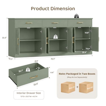71"W Farmhouse Kitchen Sideboard Buffet Cabinet with Storage, Green