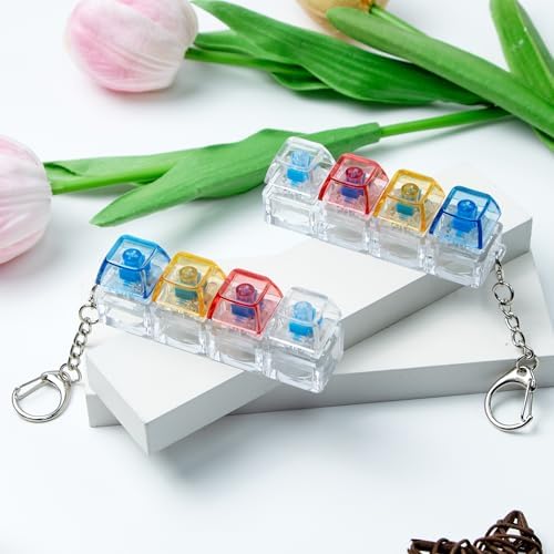 2 PCS Keyboard Fidget Toy, Keyboard Fidget Keychain 4-in-1 Keyboard Decompression Button Finger Clicker Toys, Button Stress Relief Fidget Gifts to Relief Stress (Clear Pink Yellow Blue)