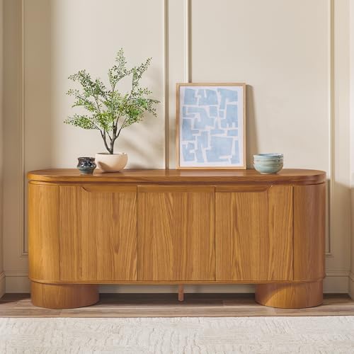 Maya Large Curved Modern Solid Oak Wood Veneer 70 Inch Sideboard TV Stand with Storage, Medium Brown Oak