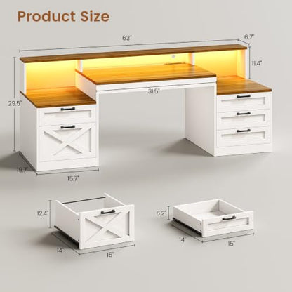 63" Farmhouse Office Desk with 5 Drawers, White and Brown