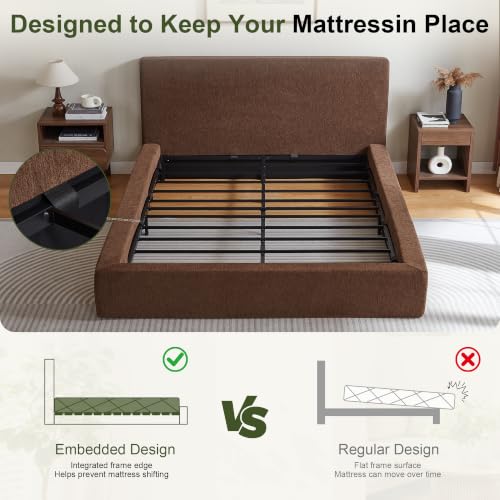 Queen Cloud Bed Frame with Headboard, No Box Spring Needed, Brown-Style A