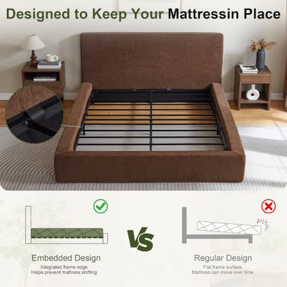 Queen Cloud Bed Frame with Headboard, No Box Spring Needed, Brown-Style A