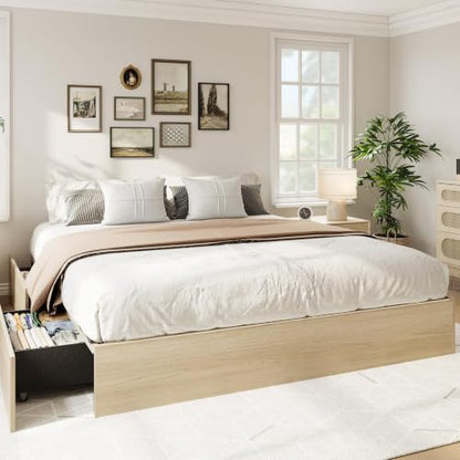 King Bed Frame with 2 Storage Drawers,Wooden Floor Bed Frame