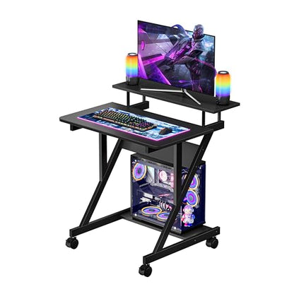 Computer Desk for Small Spaces, 27.5 inch Small Computer Desk, 3 Tier Compact Desk with Monitor Shelf and Bottom Storage Shelves, Space Saving Desk, Black