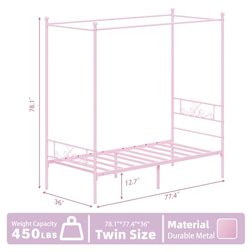 Twin Canopy Bed Frame with Headboard, Metal Twin Beds for Kids, Pink