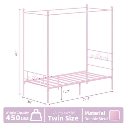 Twin Canopy Bed Frame with Headboard, Metal Twin Beds for Kids, Pink