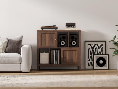 Record Player Stands Set of 2, Modern Vinyl Media Cabinet, Brown