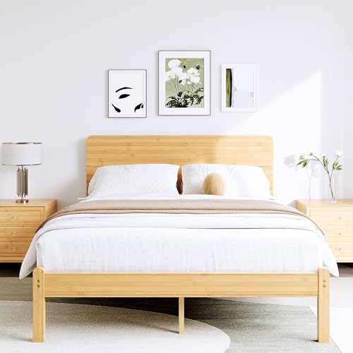 Queen Size Bamboo Wood Platform Bed Frame with Headboard, Natural