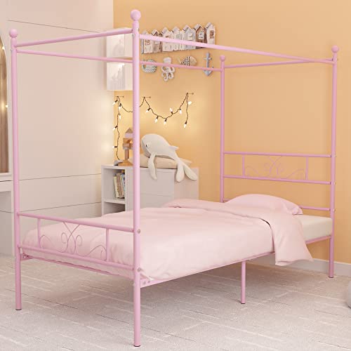 Twin Canopy Bed Frame with Headboard, Metal Twin Beds for Kids, Pink