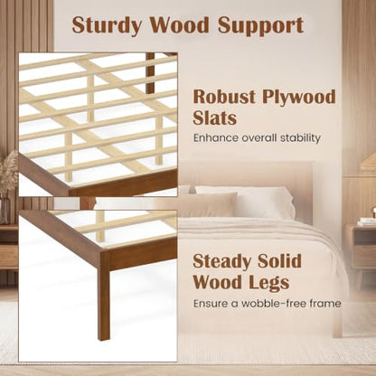 Queen Size Bed Frame, Farmhouse Wooden Platform Bed with Headboard