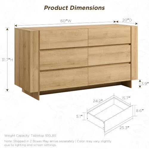 60" Modern 6 Drawer Dresser for Bedroom, 20" Depth for More Storage