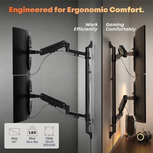 17-40" Dual Monitor Wall Mount, Gas Spring Arms Hold 26.4 lbs Each, Black