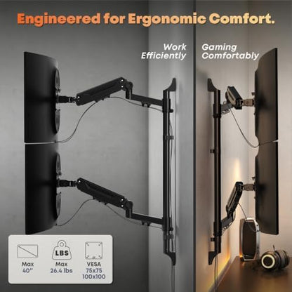 17-40" Dual Monitor Wall Mount, Gas Spring Arms Hold 26.4 lbs Each, Black