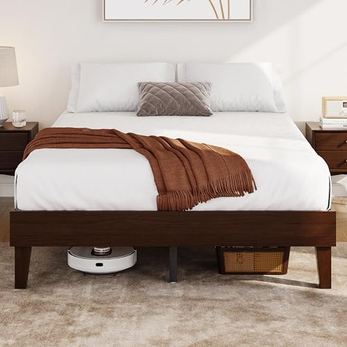 Queen Size Solid Wood Platform Bed Frame Low-Profile Dark Walnut