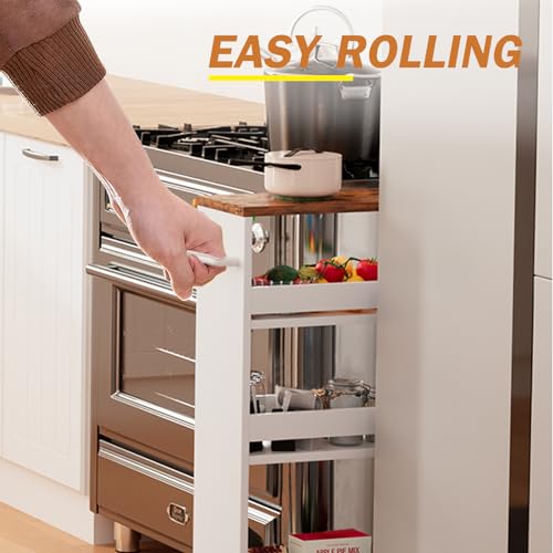 Slim Rolling Storage Cart, Wood 4-Tier Narrow Kitchen/Laundry Cart
