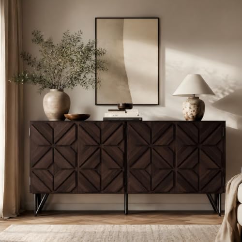 63" Solid Wood Buffet Cabinet with Geometric Doors, Dark Walnut