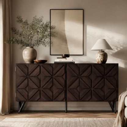 63" Solid Wood Buffet Cabinet with Geometric Doors, Dark Walnut