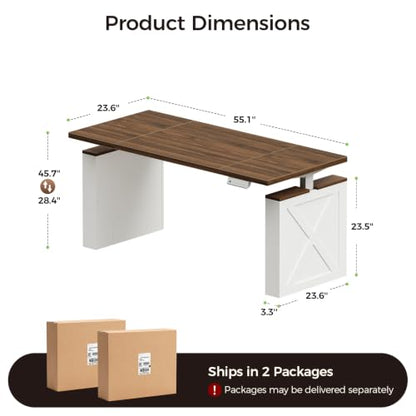 Farmhouse 55 Inch Electric Standing Desk, Walnut+White