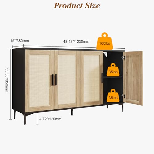 Sideboard Buffet Cabinet with Storage, 48" Rattan Coffee Bar