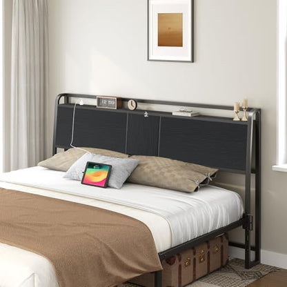 Headboard Queen Size with 2 Power Strips and Flip Door Storage
