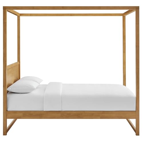 Alva King Size 4-Post Wood Platform Canopy Bed in Oak – with Headboard and Solid Rubberwood Frame