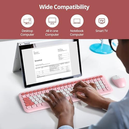 surmen Cute Wireless Keyboard and Mouse Combo, Pink Wireless Keyboard with Silent Mouse, Full Size Slim Low-Noise Soft Touch Round Keys for Home and Office,（6-Pink）