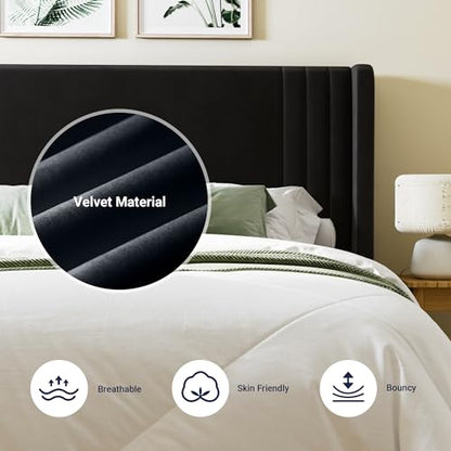 King Size Velvet Platform Bed Frame, Tall Wingback Headboard, Black