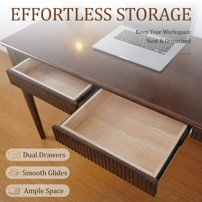 Solid Wood Desk with Drawers, 47inch Walnut Computer Desk