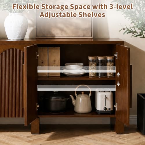 60"Buffet Cabinet with Storage,Solid Wood Fluted Arched Sideboard Cabinet