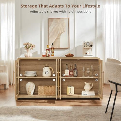 65" Sideboard Buffet Cabinet with Arched Glass Doors, Natural