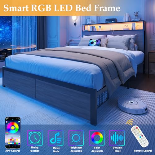 Full Bed Frame with Charging Station, LED Lights, 2 Drawers, Rustic Grey