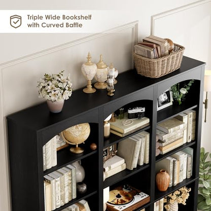 71" Triple Wide Bookshelf, 6 Tier Large Arch Black Bookcase