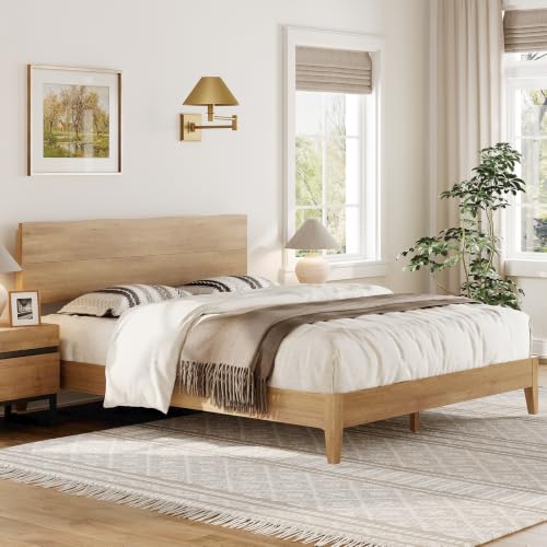 Queen Bed Frame with Wave Headboard, Solid Wood Legs, Oak