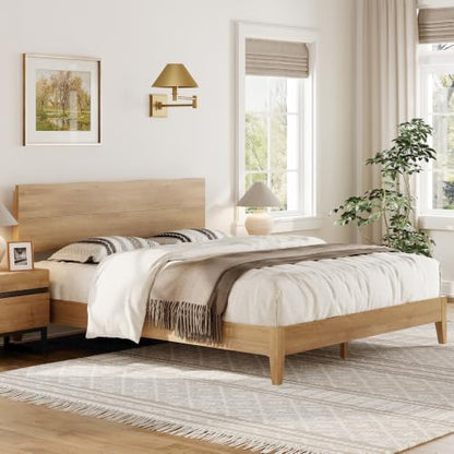 Queen Bed Frame with Wave Headboard, Solid Wood Legs, Oak