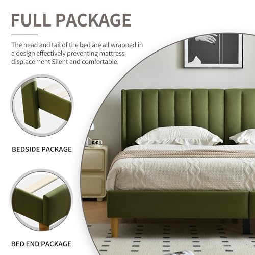 King Bed Frame，Platform Bed with Upholstered Headboard，Grass Green