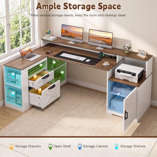 L Shaped Executive Desk with Drawers & Outlets, LED Lights