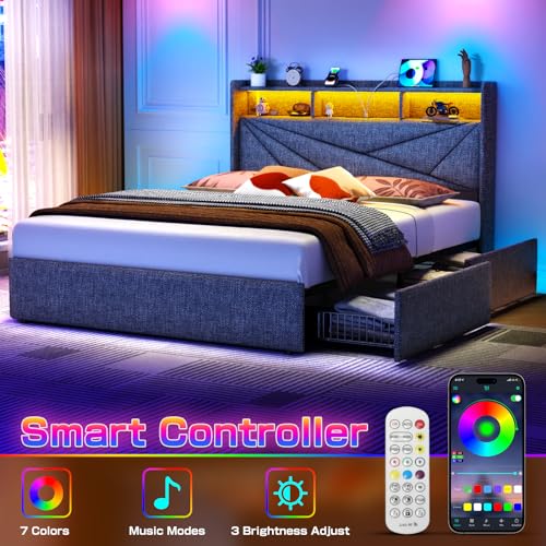 King Size Bed Frame with 4 Storage Drawers and LED Headboard
