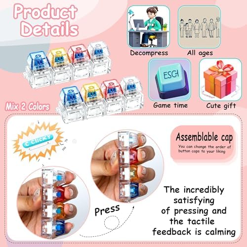 2 PCS Keyboard Fidget Toy, Keyboard Fidget Keychain 4-in-1 Keyboard Decompression Button Finger Clicker Toys, Button Stress Relief Fidget Gifts to Relief Stress (Clear Pink Yellow Blue)