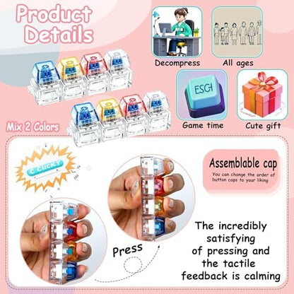 2 PCS Keyboard Fidget Toy, Keyboard Fidget Keychain 4-in-1 Keyboard Decompression Button Finger Clicker Toys, Button Stress Relief Fidget Gifts to Relief Stress (Clear Pink Yellow Blue)