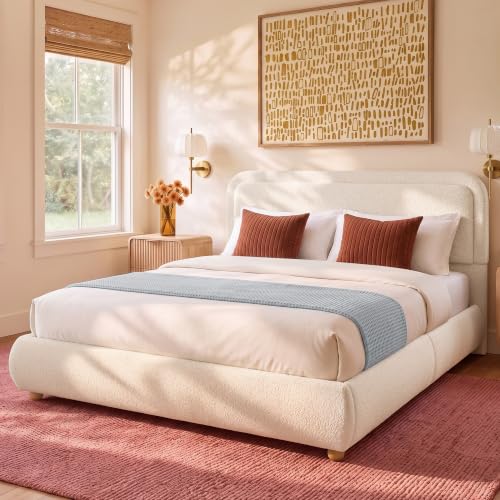 Cloud Queen Bed Frame with Headboard, Solid Wood Legs, Beige