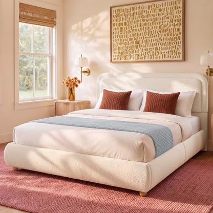 Cloud Queen Bed Frame with Headboard, Solid Wood Legs, Beige